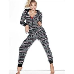 VICTORIA'S SECRET PINK XS FAIR ISLE LONG JANE ONE PIECE SHERPA HOOD RARE PAJAMAS